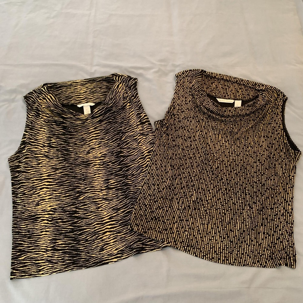French Laundry Tank Top Lot Of 2 Womens XL Black Gold Animal Print Cowl Neck